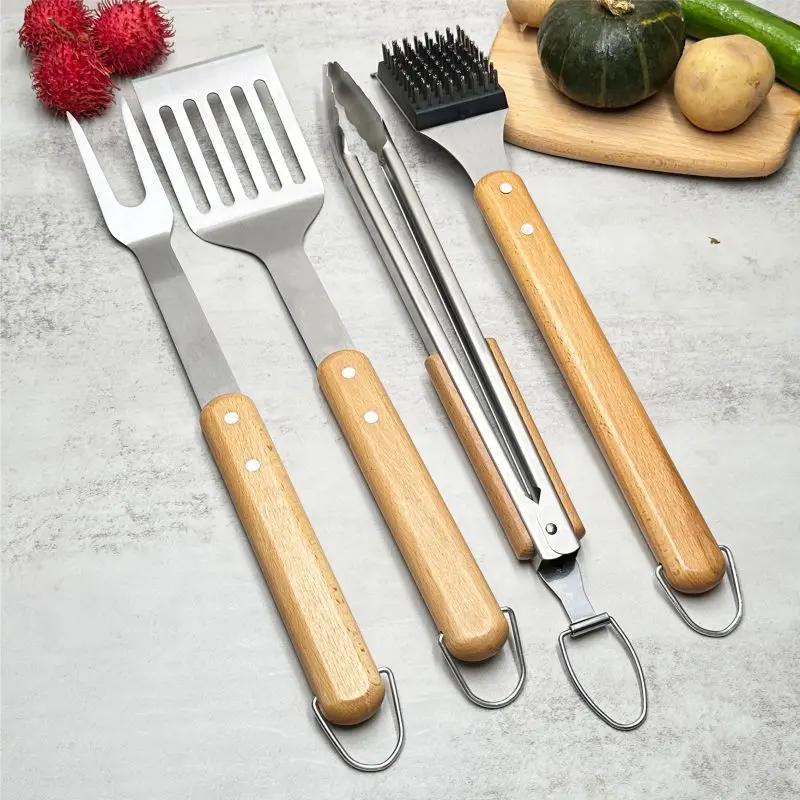 Edelstahl-Grillwerkzeug-Set im Freien, Grill, Buchenholzgriff, Gabel, Schaufel, Klemmbürste, kombinierter Grill Image