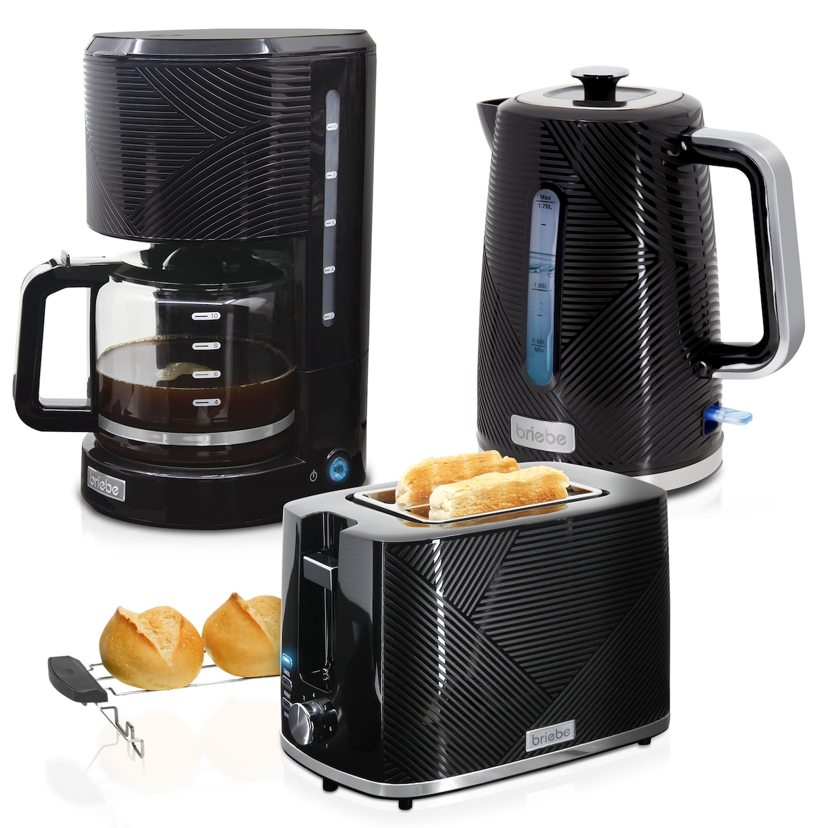 Briebe Elegance Set Toaster 2 Scheiben Wasserkocher 1,7L Filterkaffeemaschine 10 Tassen, SKT1178BLK, Schwarz Image