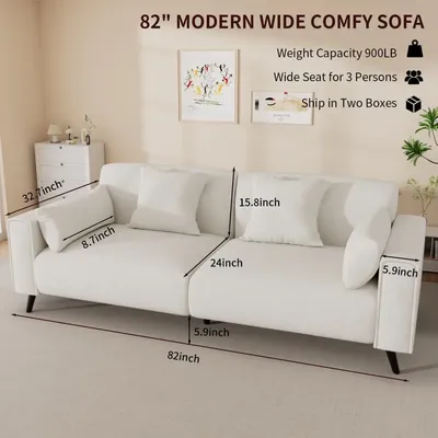 82" Modern Comfy Sofa, Extra Deep Seat, 2 Throw Pillows, 2 Armrest Pillows, 3 Seater Chenille Couch