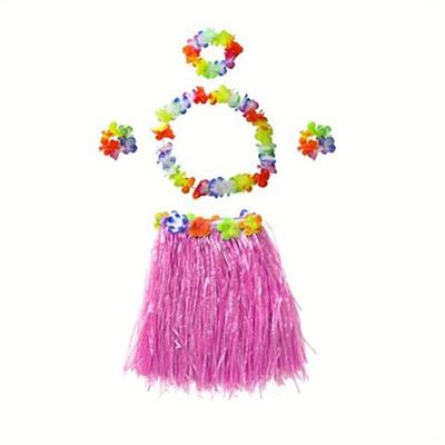 TEMU 5pcs, Purple Hawaiian Hula Dancer Costume Set - Elastic Grass Skirt With Flowers, Tropical Birthday Party And Holiday Decorations Image