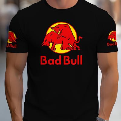 "TEMU Men' "powerful Bull" Graphic T-shirt - Design With & Bull Emblem, Casual Crew Neck, Short Sleeve, Comfortable Casual Attire For Youth, Casual Wear | Graphic Tee |" Image