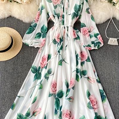 TEMU Women's Bohemian Floral Print Maxi Dress With Puffy Sleeves & Round Neck - Lightweight 100% Polyester Machine-washable Spring Summer Party Dress, Elastic Waistband, Vibrant Pink Roses On White Image