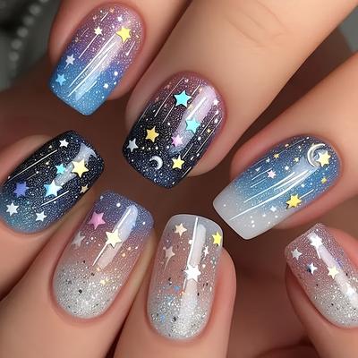 TEMU Super Beautiful 24pcs Glossy Starry Moon Chinese Style Nail Wraps, Removable Jelly Nails With Jelly Glue And File Included. Image