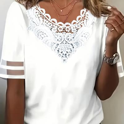 TEMU Summer New Lace Trim Solid Color T-shirt Mesh Short Sleeve Top Elegant Women's Clothing Image