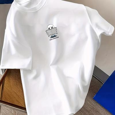 "TEMU Men's Casual Summer Graphic T-shirt - "i Space" Astronaut Design, Brown Crew Neck Tee For Adults, Lightweight & Breathable Fabric, Casual Attire, Design |" Image