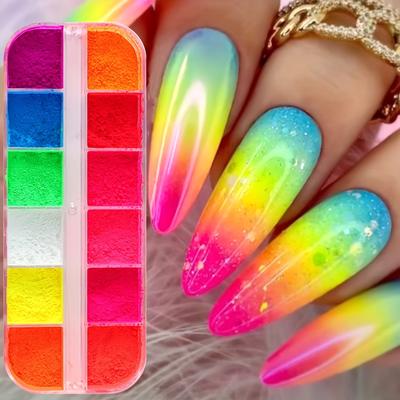 TEMU 12 Grids Colorful Neon Powder Fluorescent Nail Glitter Charm Art Decorations Dust Manicure Drawing Image