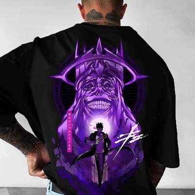 TEMU Men's Anime Graphic Print T-shirt - Soft Polyester Lightweight Summer Tee With Vibrant Purple & Pink Artwork, Regular Fit Round Neck Casual Streetwear For Men, Anime T Shirt, Shirt, Top Image