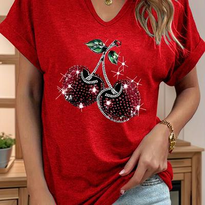 TEMU Women's Casual V-neck T-shirt With Sparkling Cherry & - Short Sleeve, Roll-, Lightweight & Stretchy, All , Everyday Tshirt | Print Top | , Cherry T Shirts Image