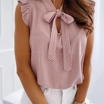 TEMU Short Sleeve Straight Collar Tie-neck Ruffle Pattern Polka Dot Casual T-shirt Top [nian Nian] Image