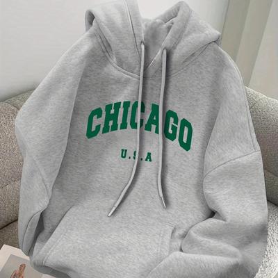 TEMU Chicago Usa Print, Drawstring Long Sleeve Sweatshirt Hoodie With Kangaroo Pocket, Men's Casual Pullover Hooded Sweatshirt For Image