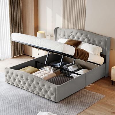 Polsterbett 160x200 cm, Metallgestell, Doppelbett Mit Rautenkopfteil und hydraulisches Lagerregal, Image