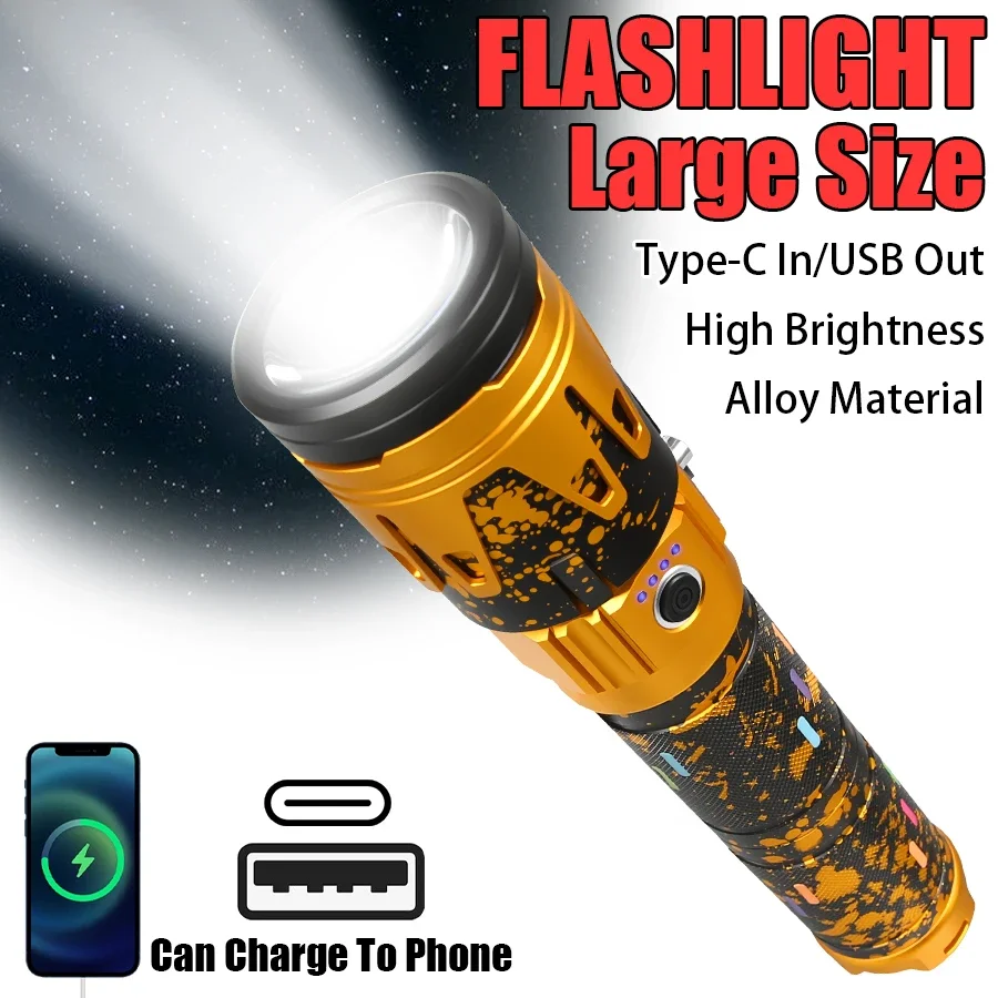 Leistungsstarke LED-Taschenlampe, superheller Scheinwerfer, Leistungsanzeige, große Reichweite, zoombare Taschenlampe, taktische Notfall-Suchlaterne für den Außenbereich Image