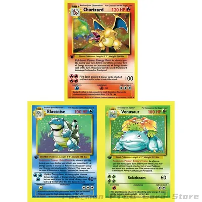 3 Stück Pokemon-Karten 1995 Basisset Charizard Blastoise Venusaur Vintage PTCG Spielkarten Booster Image
