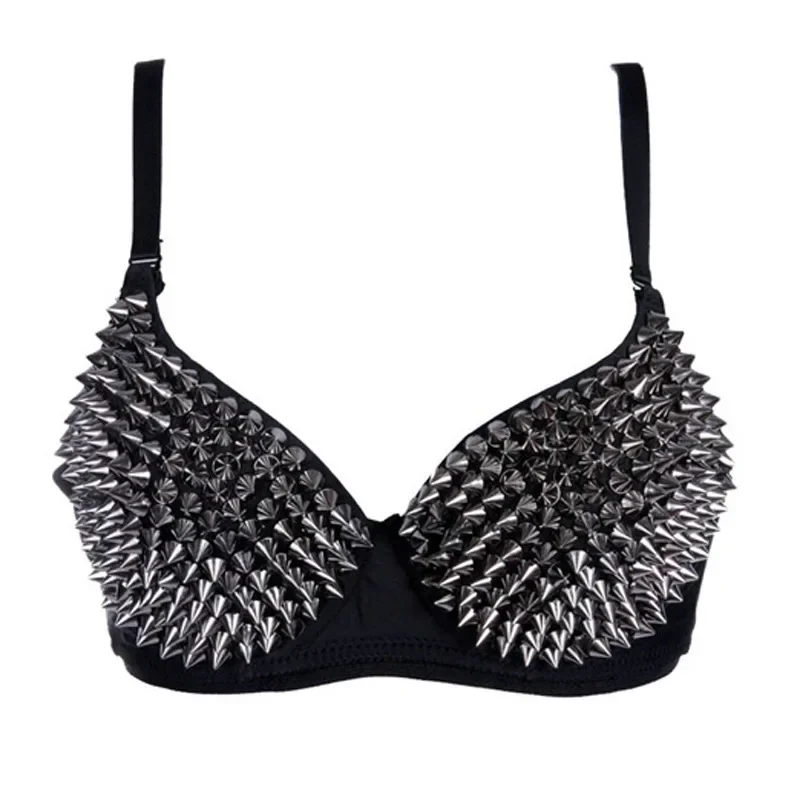 Silber Gothic BH Top Nieten Rave Bralette Dessous Sexy Push Up Punk Rock Allover Metallic Nieten Spike BHs Nachtclub Tragen Image