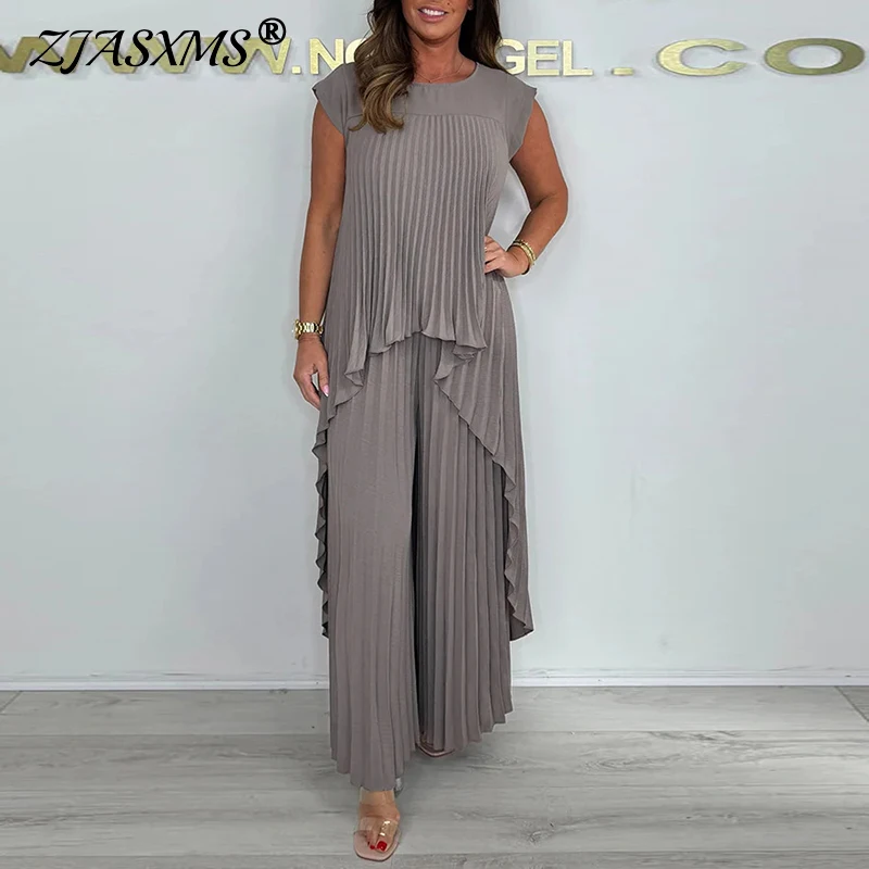 Mode O Neck Unregelmäßige Lange Top & Breite Bein Hose Sets Frau Frühling Solide Plissee 2 stücke Anzug Sexy Ärmel Lose sommer Outfits Image