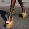 Grüne Kornblume Sandalen Knöchelband Plattform Slingback Peep Toe Wedges Schuhe Sexy Sommer Elegante