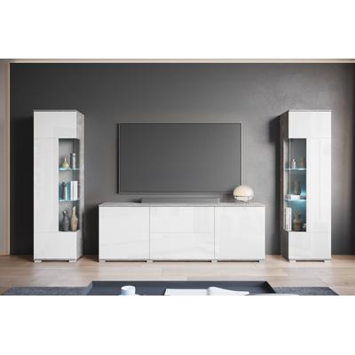 Wohnwand INOSIGN "KENIA", betonoptik, weiß hochglanz, B:270cm H:161cm T:34cm, Kastenmöbel-Sets, Vitrinen mit Eckverglasung, hängend und stehend montierbar Image