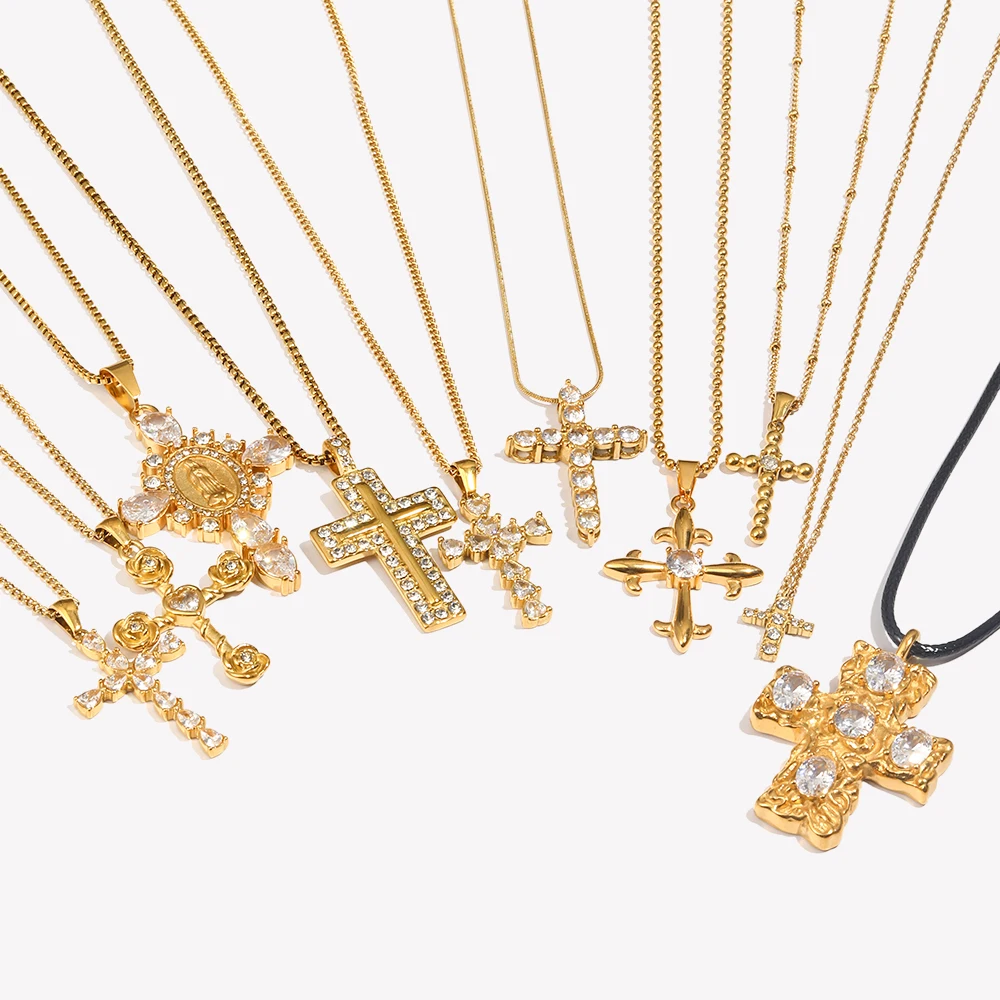 E.B.belle Mode Stil Luxus Klar Zirkon Kreuz Serie Anhänger Halskette 18K Gold Überzogene Edelstahl Party Frauen Schmuck