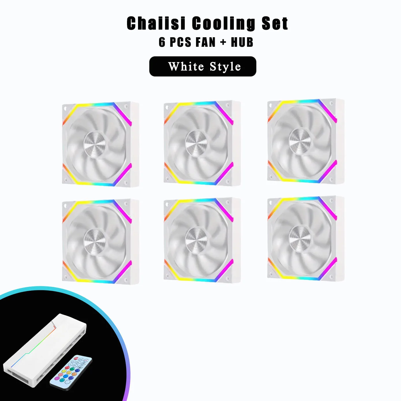 Computergehäuselüfter 120 mm * 6 + Dual 10-Wege-Hub (mit Fernbedienung) 4PIN * 10 PWM und 3PIN ARGB * 10 Schnittstellen. 800-2000 U/min. Image