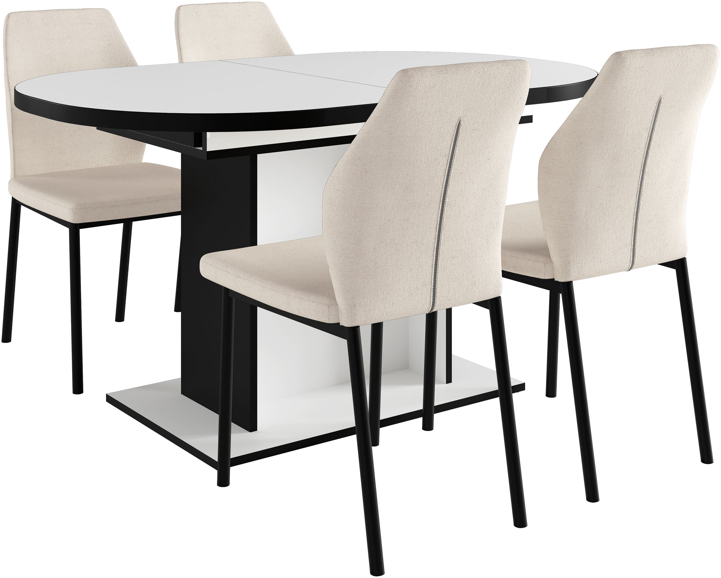 Essgruppe OTTO HOME "Basel, Tischgruppe mit 4 Stühlen, Esstisch ausziehbar 140 - 180 cm", weiß (weiß, creme,), Webstoff, Auszugsplatte, Sitzmöbel-Sets, BESTSELLER, Sitzgruppe, Tisch, Stühle, ovale Tischplatte, Säulentisch