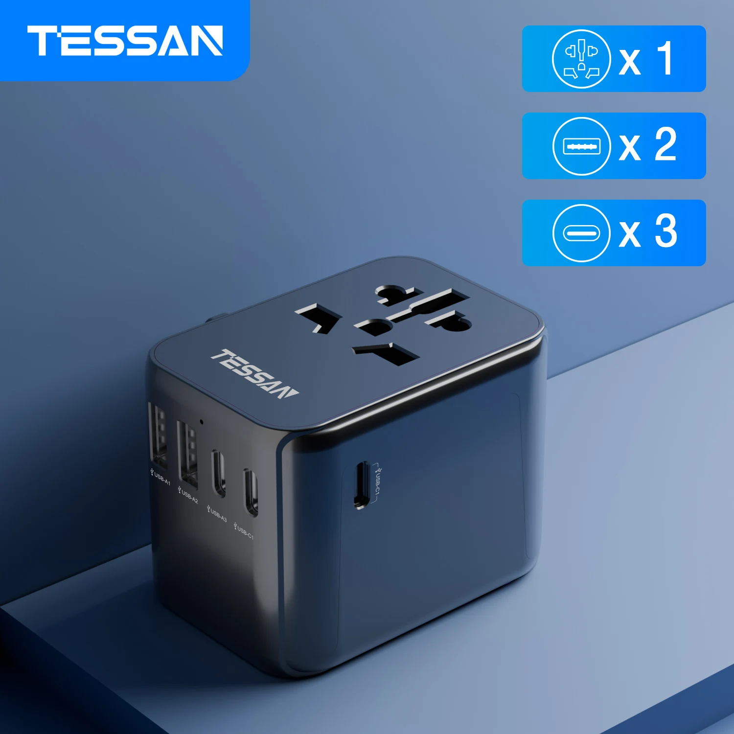 TESSAN Universal-Reiseadapter mit 2 USB + 3 Typ C, internationaler Steckeradapter, All-in-One-Wandladegerät für US, EU, Großbritannien, AUS-Reisen Image