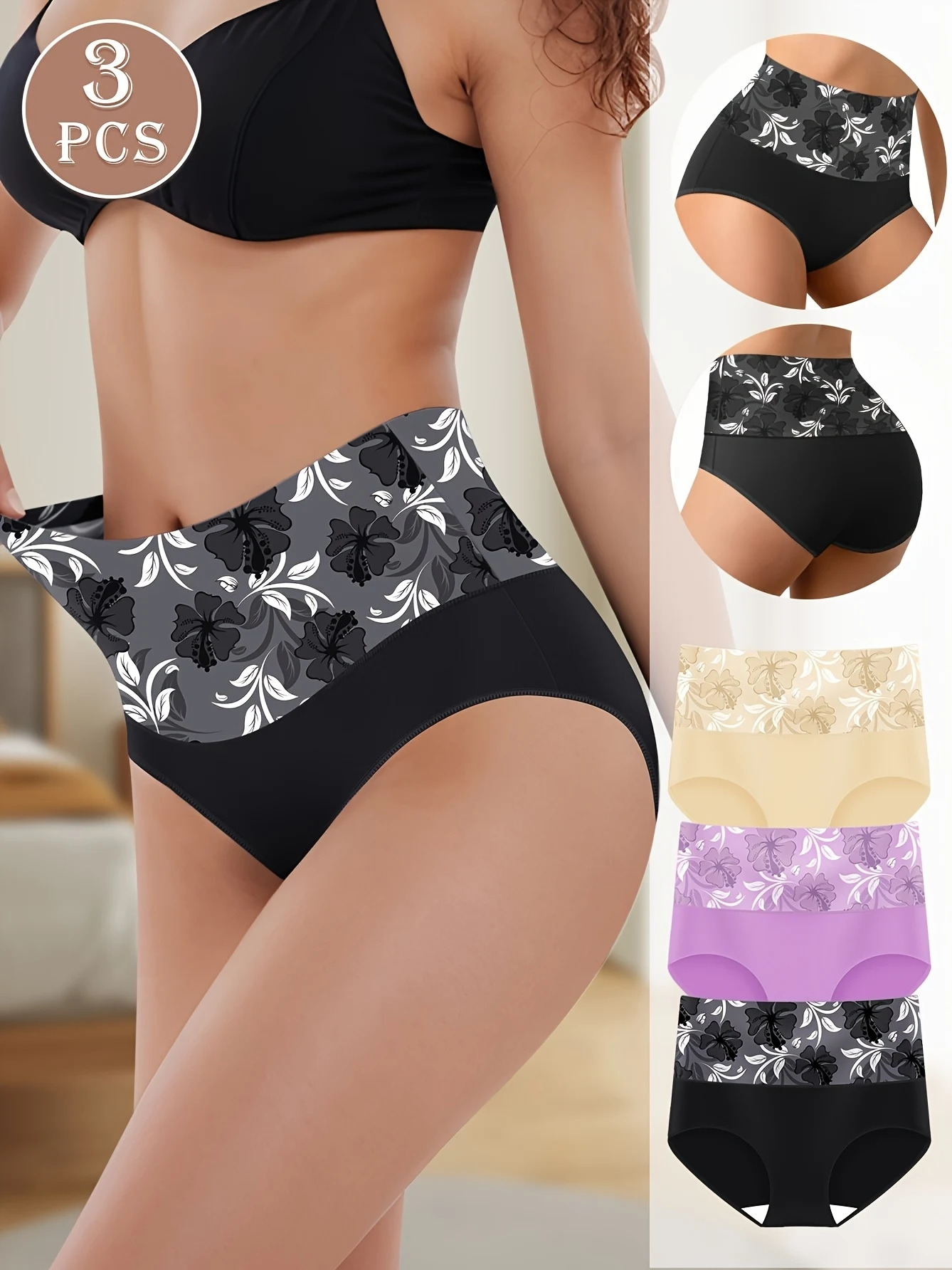 3-teilige Damen-Slips mit hoher Taille und Bauchkontrolle – atmungsaktive, elegante Slips mit Blumenmuster in Schwarz, Lila und Beige, bequem Image