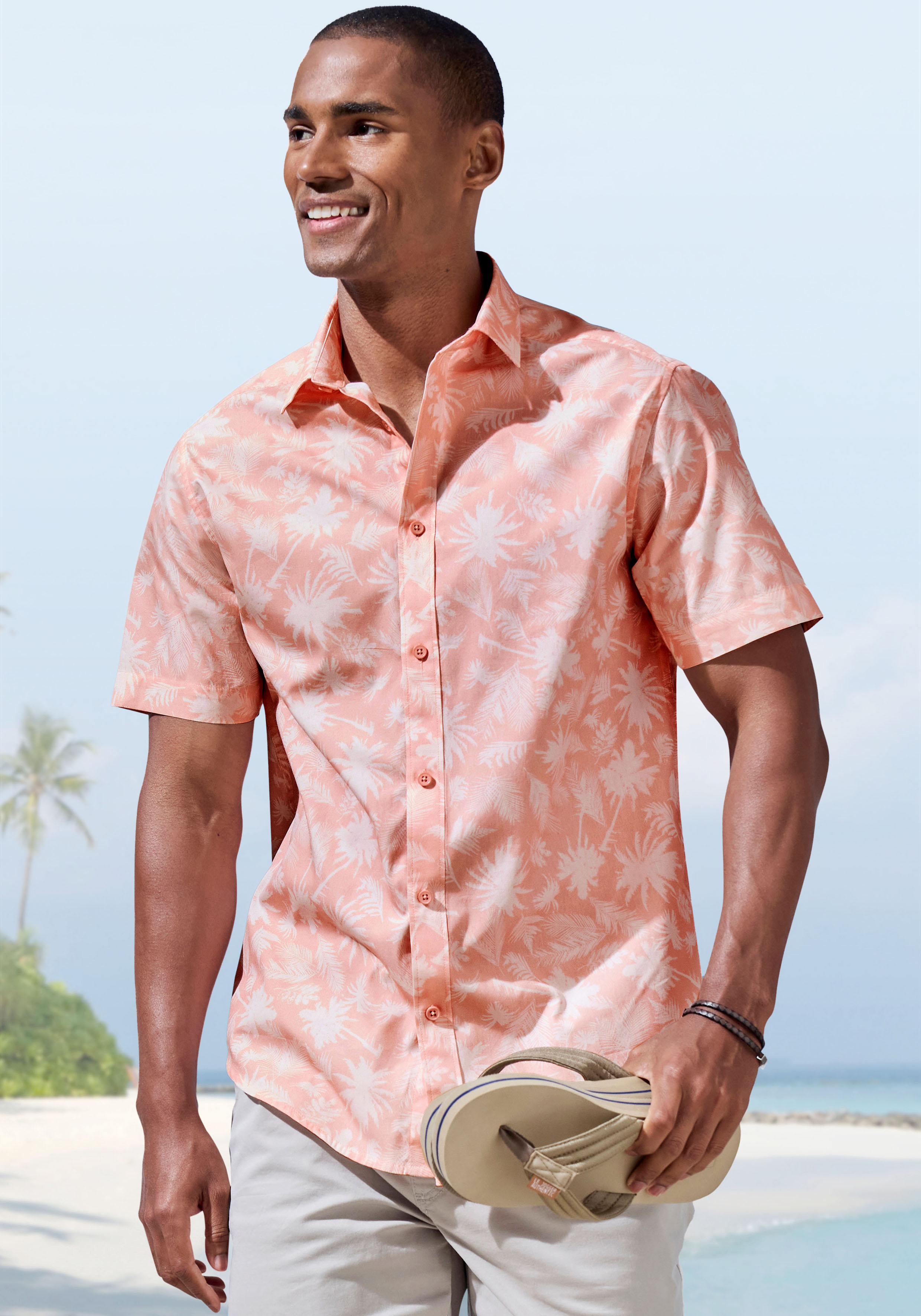 Hawaiihemd BEACHTIME "Regular fit", Herren, Gr. M (39/40), N-Gr, orange (koralle, bedruckt), Web, Obermaterial: 100% Baumwolle, gemustert, regular fit, ohne Ausschnitt, abgesteppte Kante, Hemden Hawaiihemd, Kurzarm, Freizeithemd mit Palmenprint,...