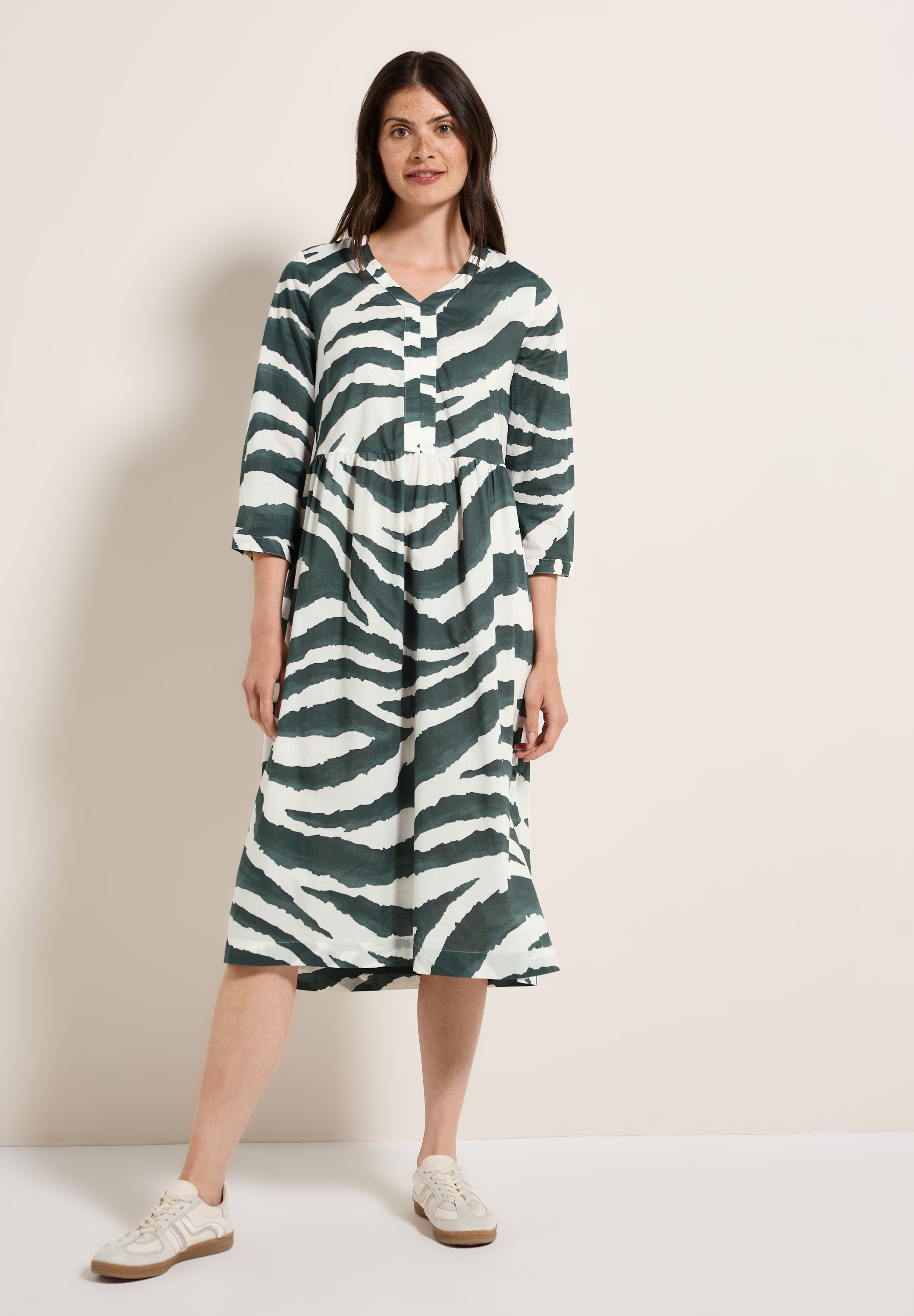 Tunikakleid CECIL, Damen, Gr. XS36, US-Größen, grün (schwarz balmy khaki), Web, 100% Baumwolle, bedruckt, normal wadenlang, V-Ausschnitt, abgesteppt, Kleider, mit Print