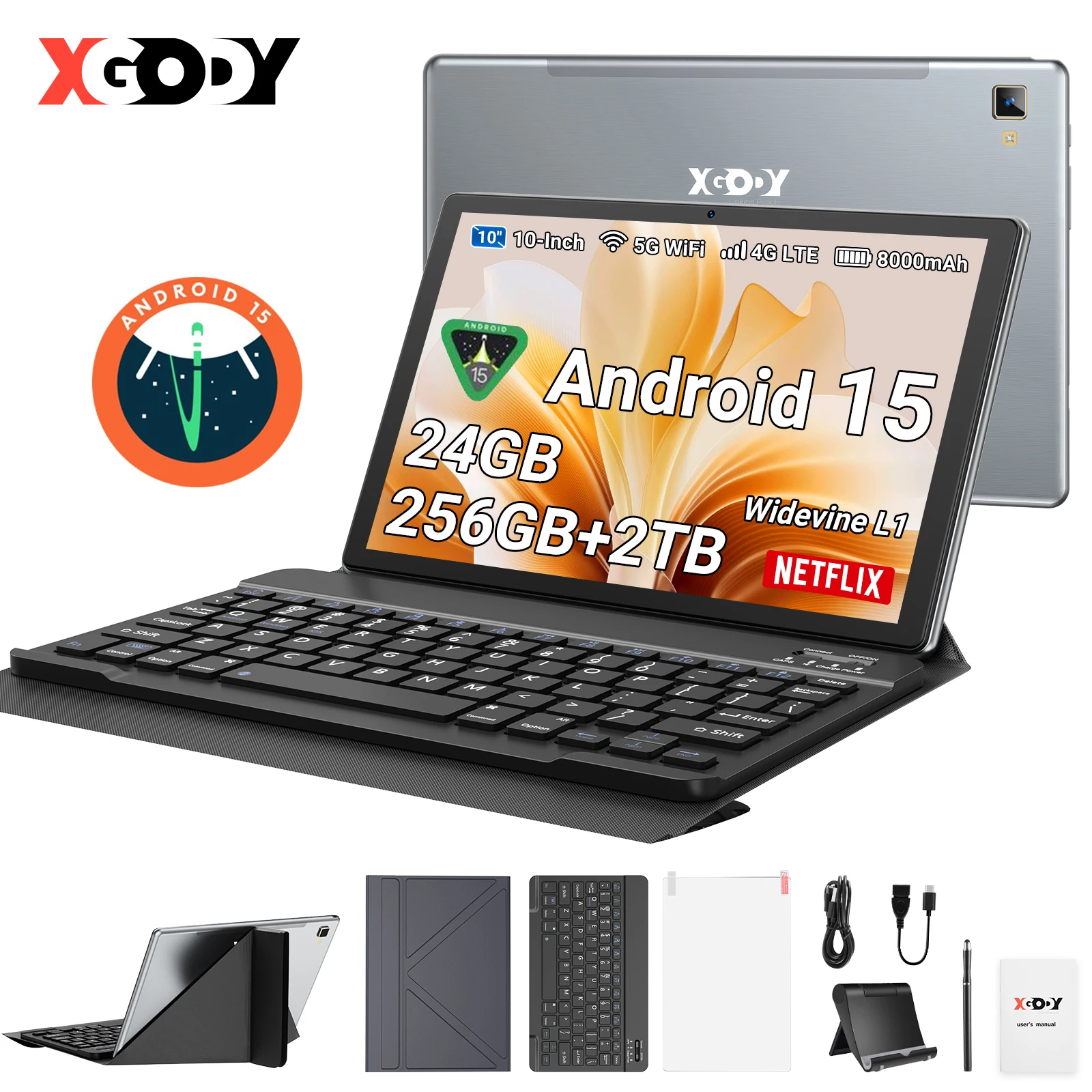 XGODY P60 Pro Android 15 256 GB Tablet PC 10 Zoll ultraklares 90 Hz Display 24 GB (8 + 16) 256 GB 8000 mAh Akku Tablet Image