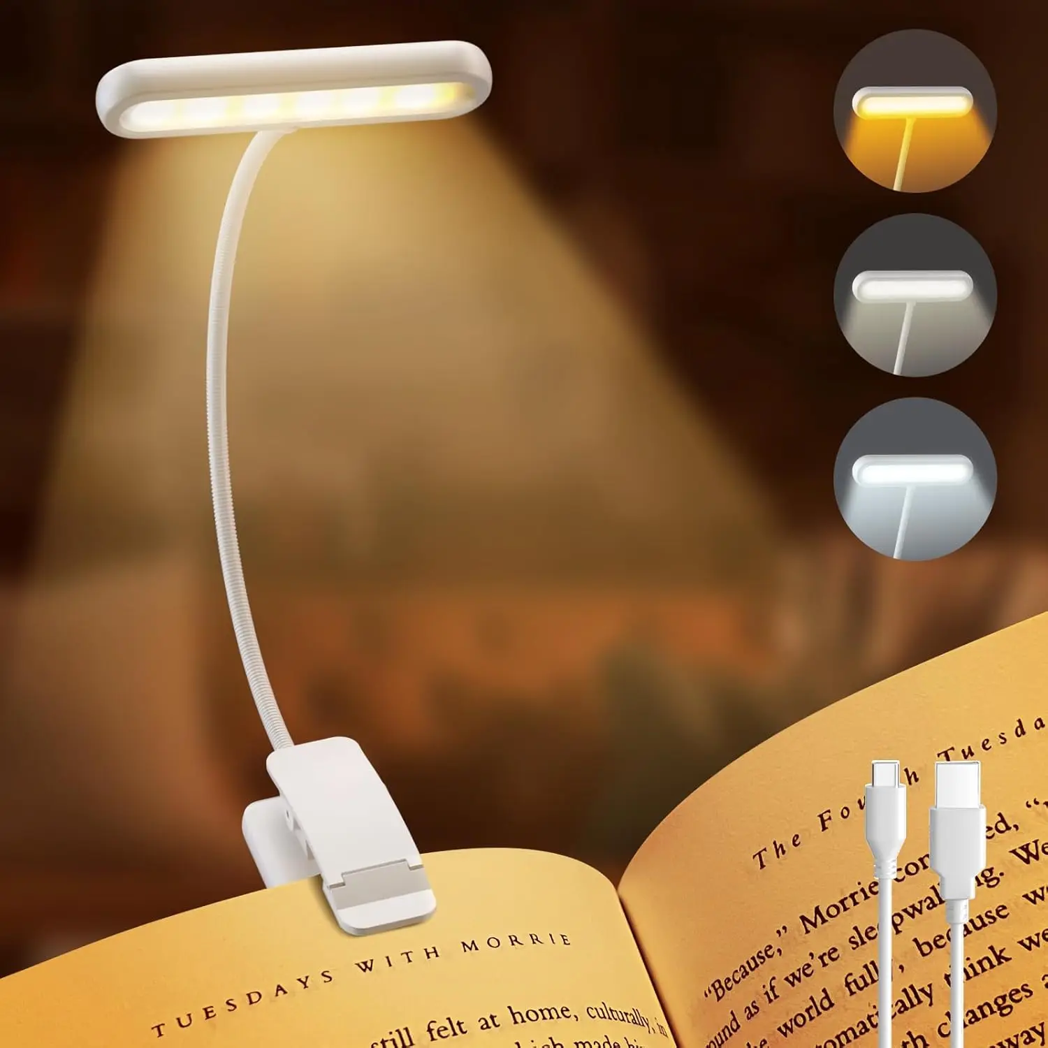 Weiße Buchlampe USB-Aufladbare Leselampe Warmweiß Kaltweiß Tageslicht Tragbare Flexible Einfach zu Befestigende Nachtleselampe