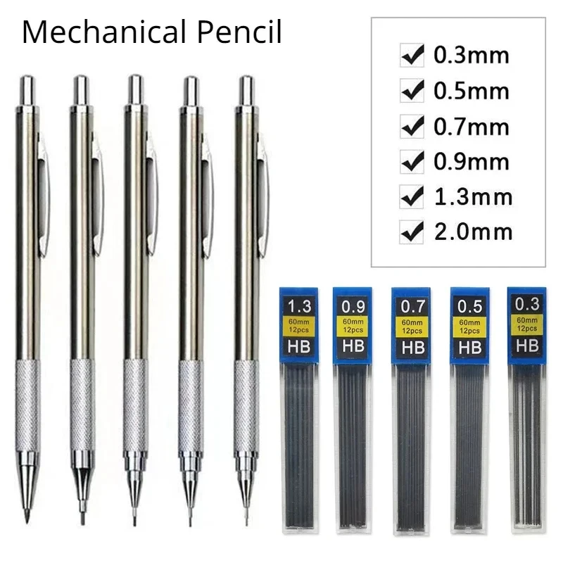 Druckbleistift-Set aus Metall mit Bleistiftgriff, Minen, Kunst, Zeichnen, Bürobedarf für Studenten, 0,3/0,5/0,7/0,9/1,3/2 mm, automatischer Bleistift Image