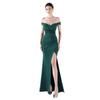 Jerseykleid MODA MINX "Zara Off Shoulder Dress", Damen, Gr. L, EURO-Größen, grün (dunkelgrün), 100% Polyester, unifarben, elegant, lang, Carmenausschnitt, ohne Ärmel, Kleider, im schulterfreien Design