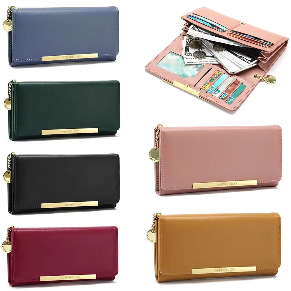 Mode Portable couleur unie femme longue bourse fermeture éclair pochette grande capacité en cuir PU femmes portefeuille à glissière