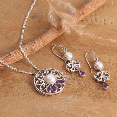 Wise Sparkle,'Floral Natural Cream Pearl and Faceted Amethyst Jewelry Set'