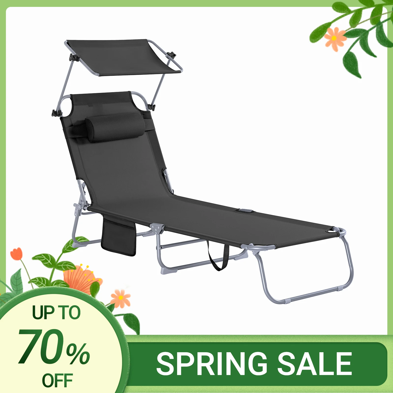 SoBuy OGS48 Sdraio da Giardino Reclinabile Lettino Prendisole Pieghevole con Cuscino Tasca Laterale e Parasole Sedia Sdraio da Esterno per Patio Campeggio Spiaggia 155x56x81cm