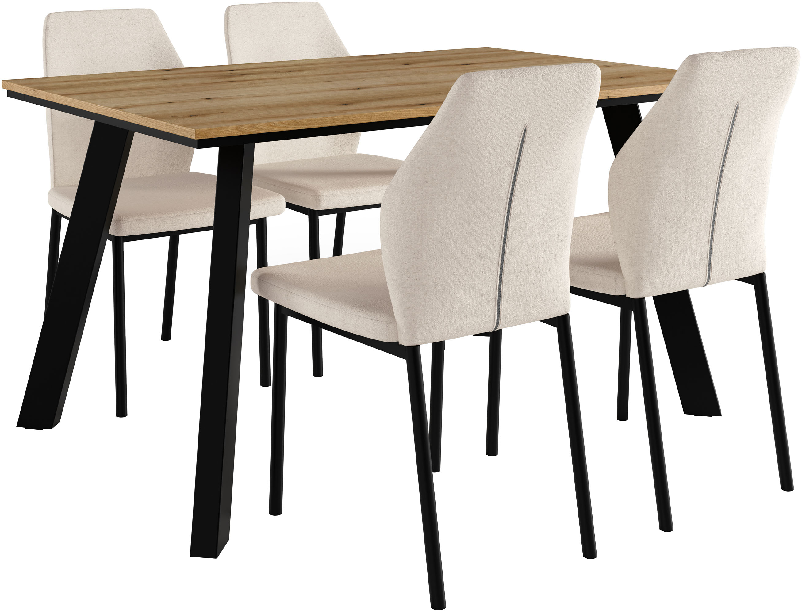 Essgruppe OTTO HOME "Genf Tischgruppe, Esstisch plus 4 Stühle", beige (eichefarben, creme,), Webstoff, Sitzmöbel-Sets, Küchentisch, 4 Stühle, moderne Tischplatte in eiche/schwarz