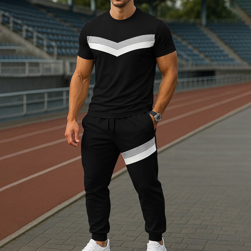 Men's T-shirt Suits Shirt and Pant Sets 2 Pieces Outfits Short Sleeve Crewneck Summer Color Block Fashion Casual Patchwork 2 Piece Vacation Daily Wear Going out Black Gray Top Tee for Men