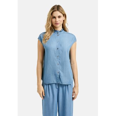 Kurzarmbluse MILANO ITALY, Damen, Gr. 40, blau (ibiza blau), Material: 100% Lyocell, unifarben, casual, lässig geschnitten normal, hoch geschlossener Ausschnitt, ohne Ärmel offene Kante, Blusen, mit Rüschen am Ausschnitt Image