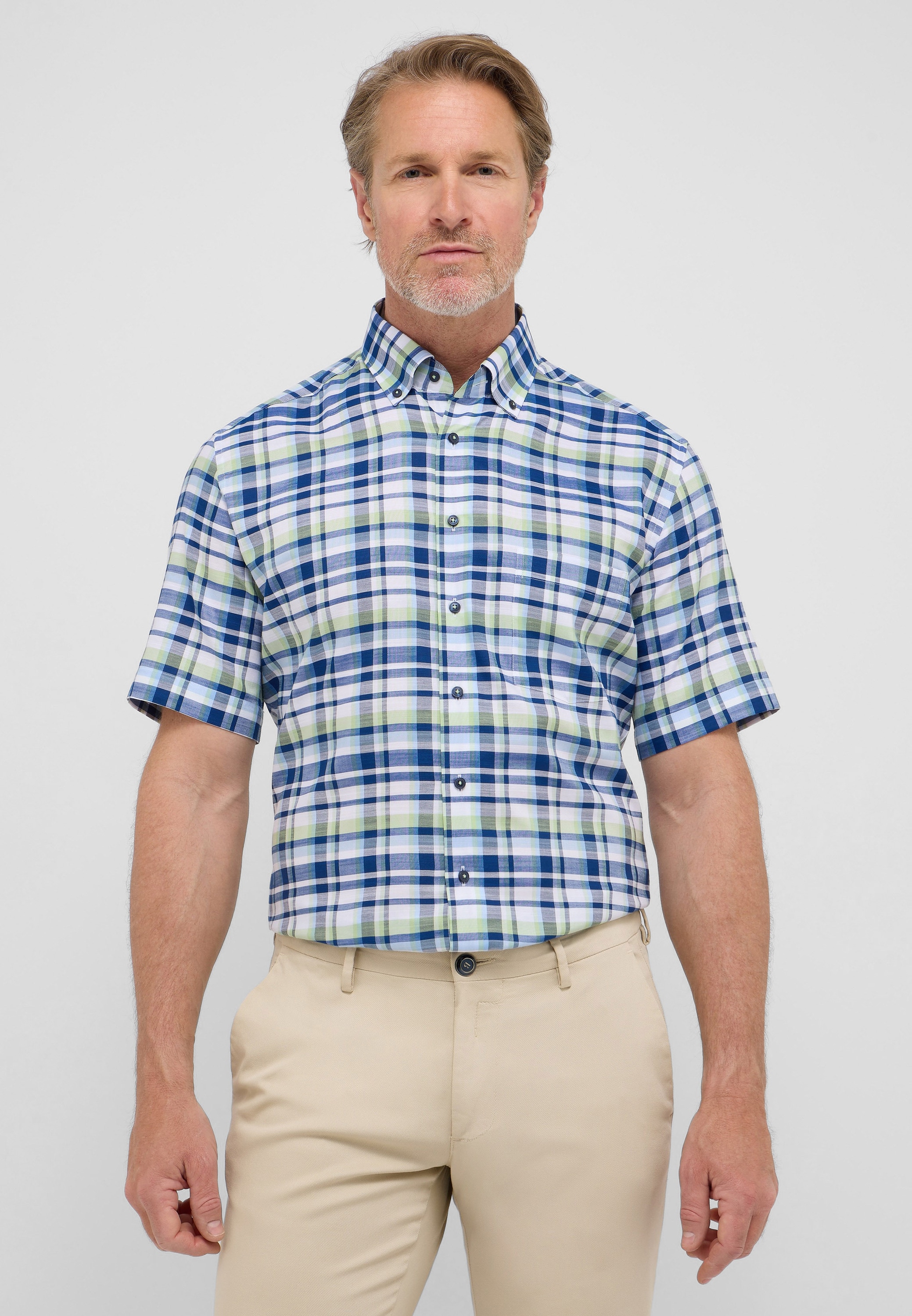 Kurzarmhemd ETERNA "MODERN FIT", Herren, Gr. L, US-Größen, grün, 48% Baumwolle, 52% Lyocell, tailliert, Hemden, EASY IRON (bügelleicht)