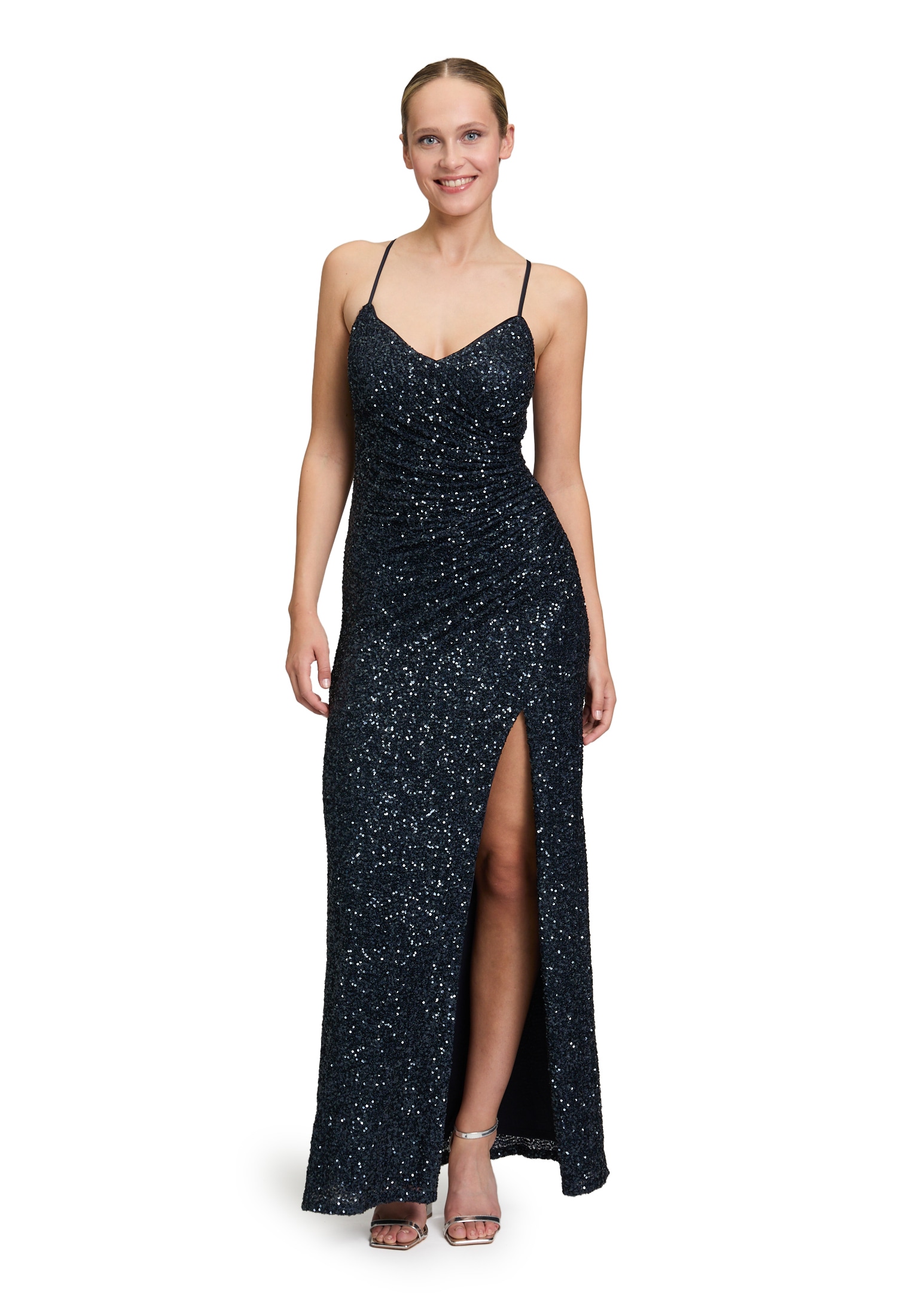 Abendkleid VERA MONT "Damen Abendkleid figurbetont", Damen, Gr. 40, Normalgrößen, blau (night sky), Obermaterial: 95% Polyester, 5% Elasthan. Futter: 100% Polyester., figurbetont lang, V-Ausschnitt, Kleider Image