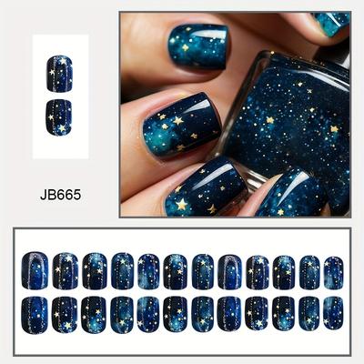TEMU 24pcs Bright Side Dark Blue Starry Milky Way Short Square Nail Press On Nail Jelly Glue Removable False Wearing Send Jelly Nail File Sticks For Free Image