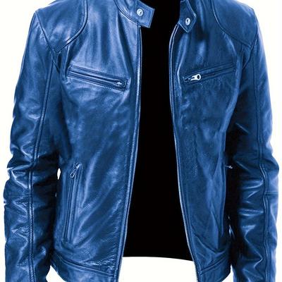 TEMU Men' Blue Leather Jacket - Casual , Zipper Closure, Stand Collar, Decorative Pockets, Polyester Lined, Ideal For Spring, Autumn & Winter, Casual Jacket|stylish Stand Collar|polyester Lined Jacke Image
