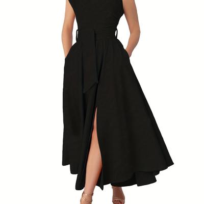 TEMU Elegant One-shoulder Black Maxi Dress With Belted Waist And High Slit - Flowing A-line Silhouette, Adult Women, Wear, Formal Event Attire|sleek Formal Gown|polyester Fabric Image