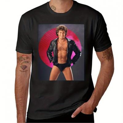TEMU Men's Retro David Hasselhoff Graphic T-shirt Hquick-dry, Casual Summer Tee With Vintage Style, Black, Short Sleeve, Loose Fit, Machine Washable Image