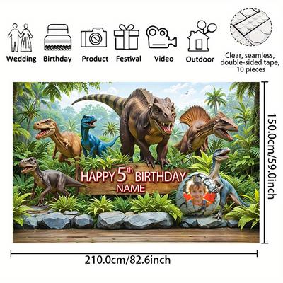 TEMU 1pc Customizable Portrait Age Name Birthday Party Banner, Polyester, Ancient Dinosaur Era Jungle Theme Photography Backdrop For Birthday Cake Table Home Wall Outdoor Sign Decoration Supplies Image