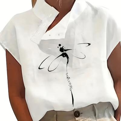 TEMU Women's Casual Asymmetrical Neck Print Shirt - White With Black Dragonfly Design, Short Sleeves, Top, Casual Adult Clothing | Modern Casualwear | Asymmetrical Neckline Image