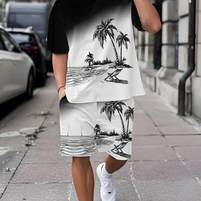 TEMU Men's Printed Short Sleeve T-shirt & Shorts Set Casual Sports Outfit Breathable Outdoor Summer 3d Print Adult Men's Five-piece Suit Image
