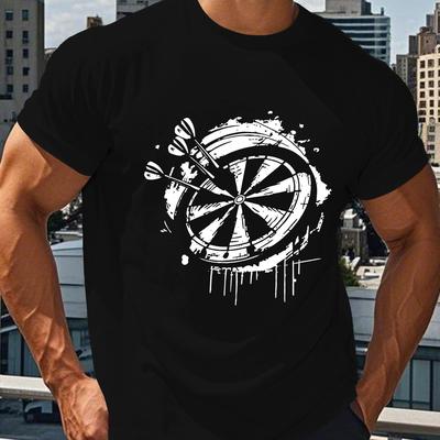 TEMU Play Darts Men's Short Sleeve T-shirt - Geometric Dartboard Graphic Print, Black With White Ink Splatter Design, Lightweight Breathable Fabric, Regular Fit Casual Summer Tee For Casual Attire Image