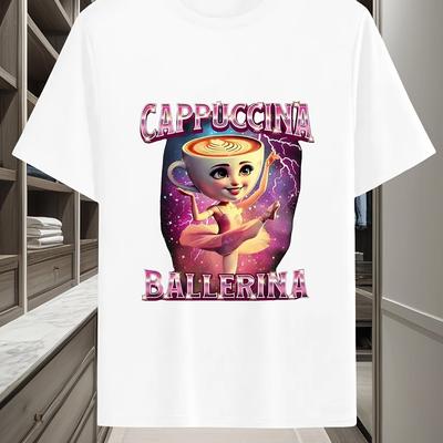 "TEMU Men's Vintage T-shirt - "cappuccino Ballerina" Design, Polyester Blend, Casual Fit, Round Neck, Short Sleeve, Ideal For Summer & Gift-" Image