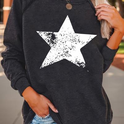 TEMU 1pc Women's Print Pullover Sweatshirt, Round Neck, Long Sleeve, Polyester Knit, H Silhouette, Non-stretch, Regular Fit, Fashionable Streetwear Image